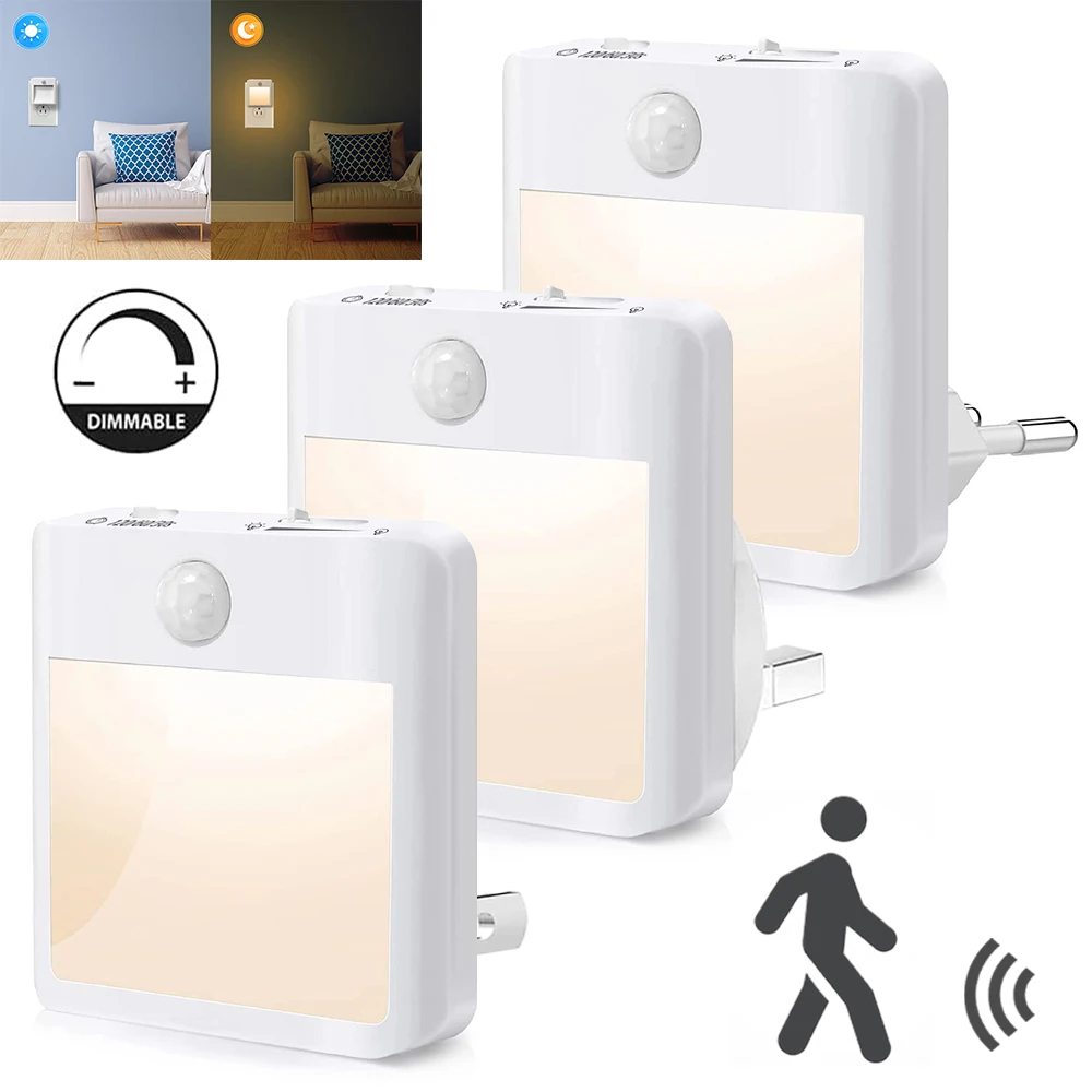 EU US UK Plug in LED Motion Sensor Night Lights for Kids Bedroom Auto Dusk to Dawn Sensor Dimmable Wireless Cabinet Lamp Decor EU US UK Plug in LED Motion Sensor Night Lights for Kids Bedroom Auto Dusk to Dawn Sensor Dimmable Wireless Cabinet Lamp Decor