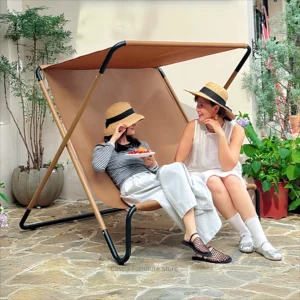 Reclining Folding Chair for Hotel Beach, Sunshade Double Outdoor Lounge for Garden, Camping Patio Sun Lounger for Courtyard