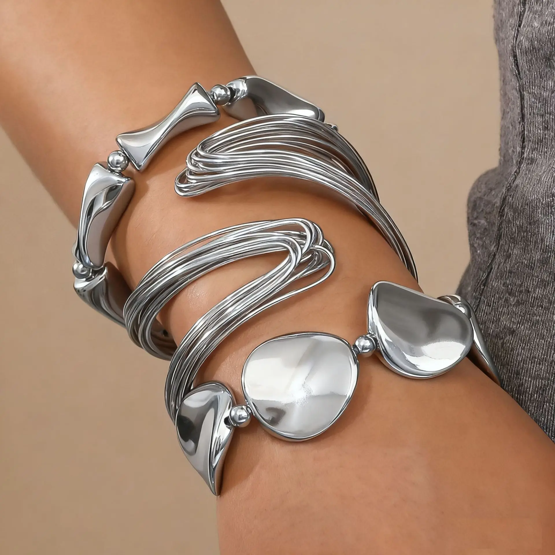 3 Pcs/set Geometric Twisted Lines Irregular Shaped Open Cuff Bracelet and Bangle Set for Women Punk Exaggerated Style Accessor 3 Pcs/set Geometric Twisted Lines Irregular Shaped Open Cuff Bracelet and Bangle Set for Women Punk Exaggerated Style Accessor - Image 3