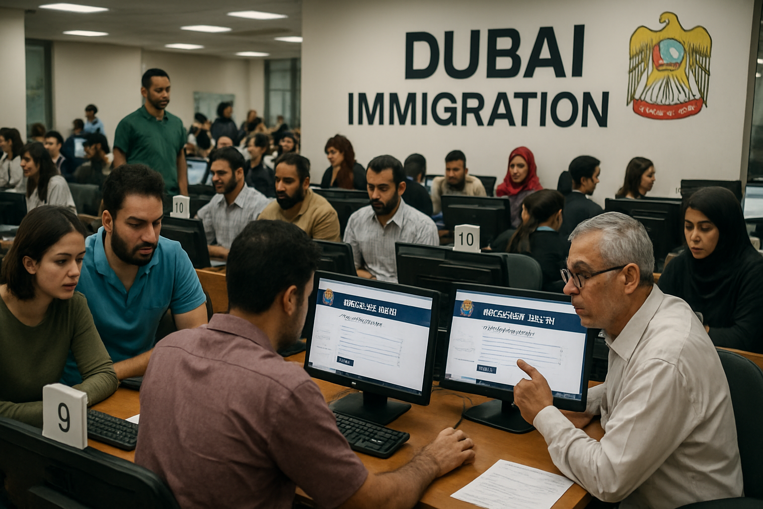 How to Check Visa Status in Dubai: A Complete Step-by-Step Guide a busy Dubai immigration office with applicants checking their visa statuses on computers