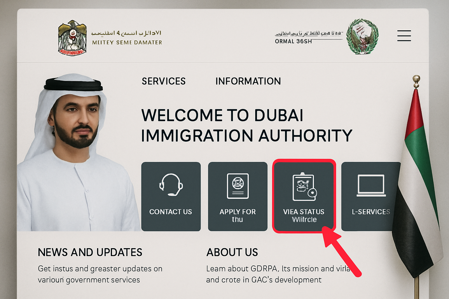 How to Check Visa Status in Dubai: A Complete Step-by-Step Guide a screenshot of the Dubai Immigration Authority website with an arrow pointing to the visa status check section