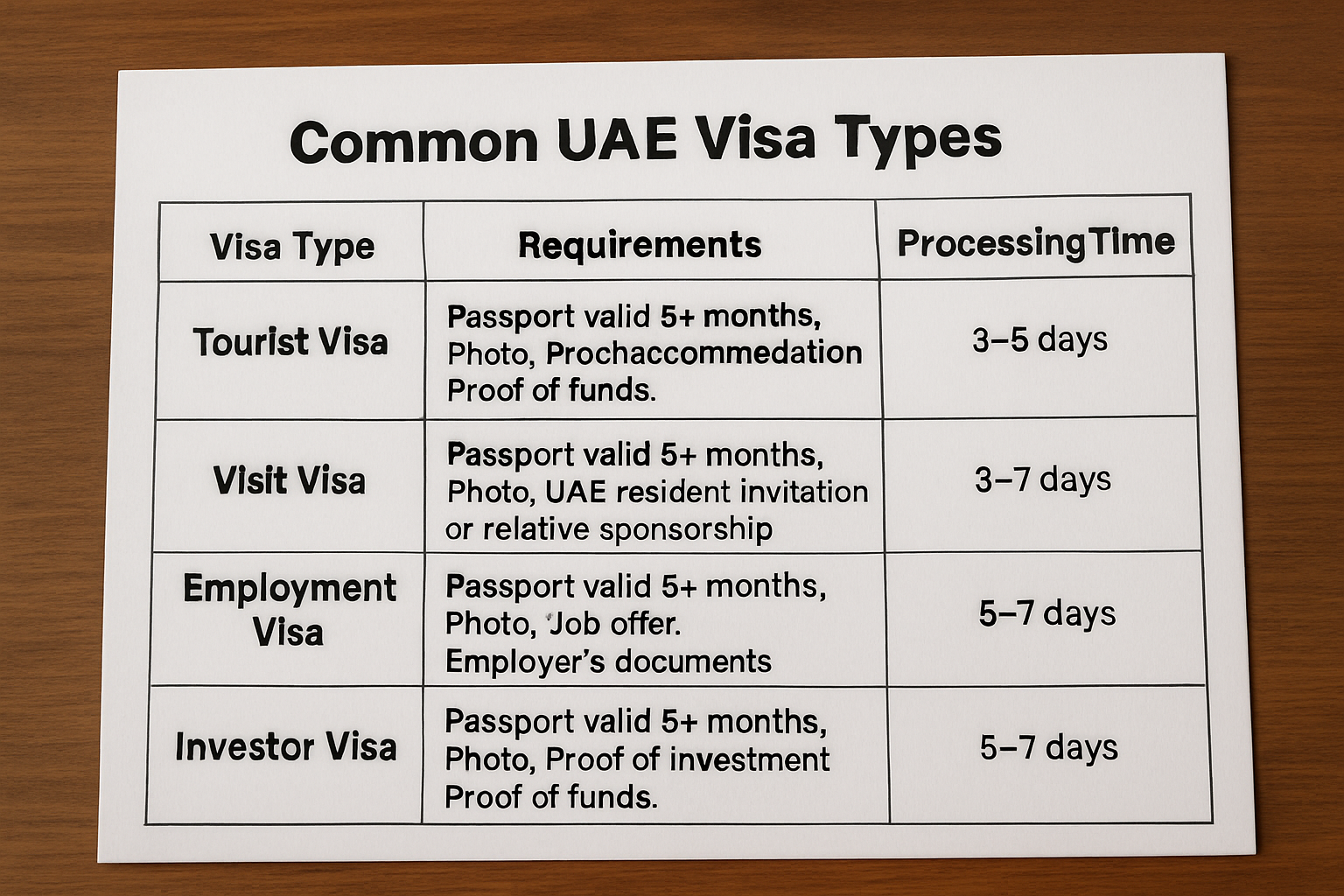How to Check Visa Status in Dubai: A Complete Step-by-Step Guide a table showing the common UAE visa types alongside their requirements and processing times