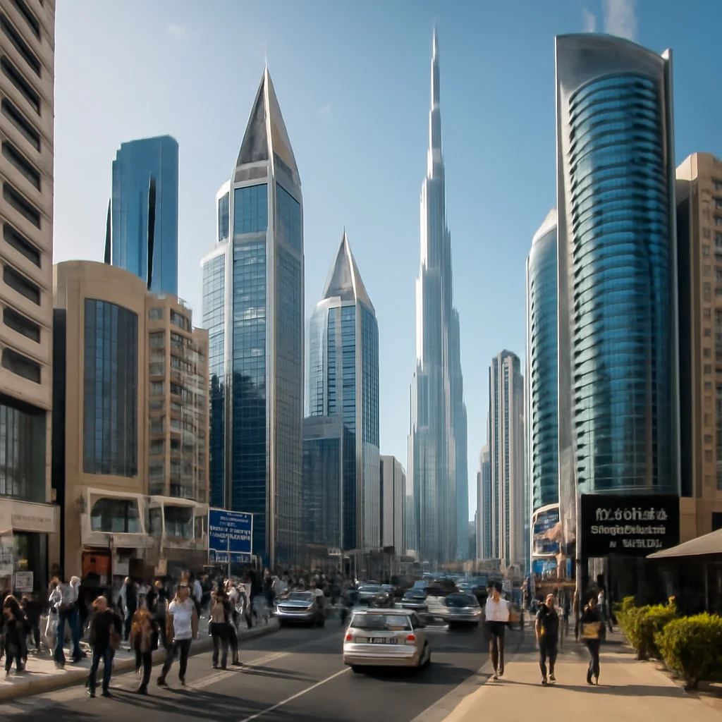 A bustling business district in Dubai, showcasing modern skyscrapers and a diver