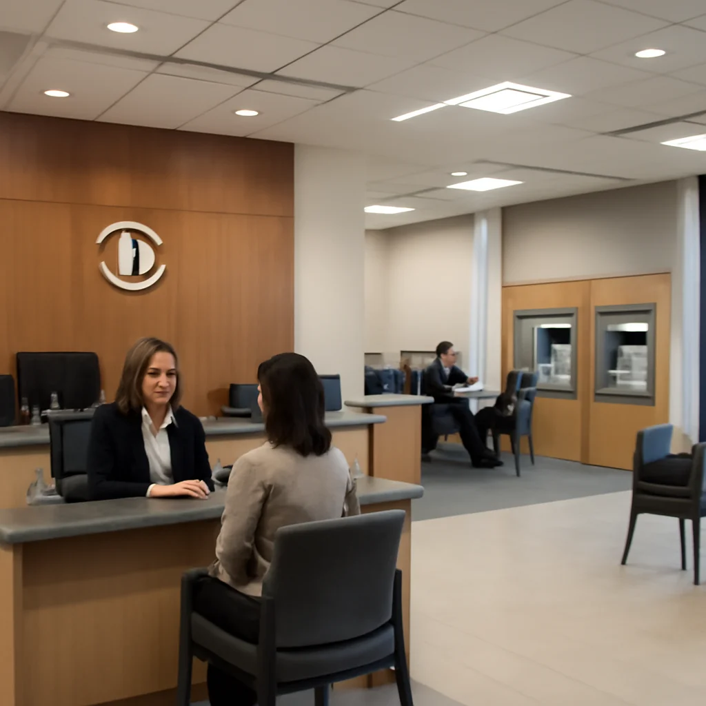 A professional setting showcasing a business bank's interior, with a focus on cu