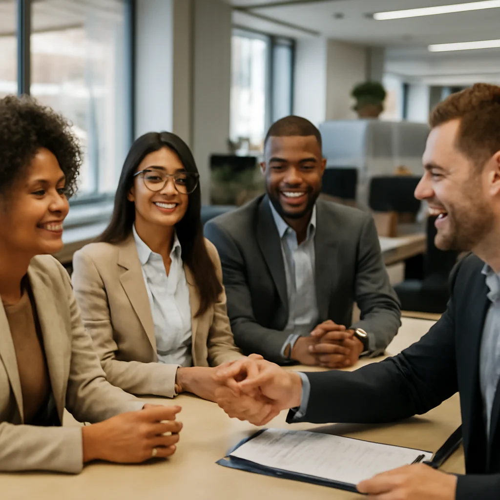 An office environment showing a diverse team in a recruitment setting, realistic