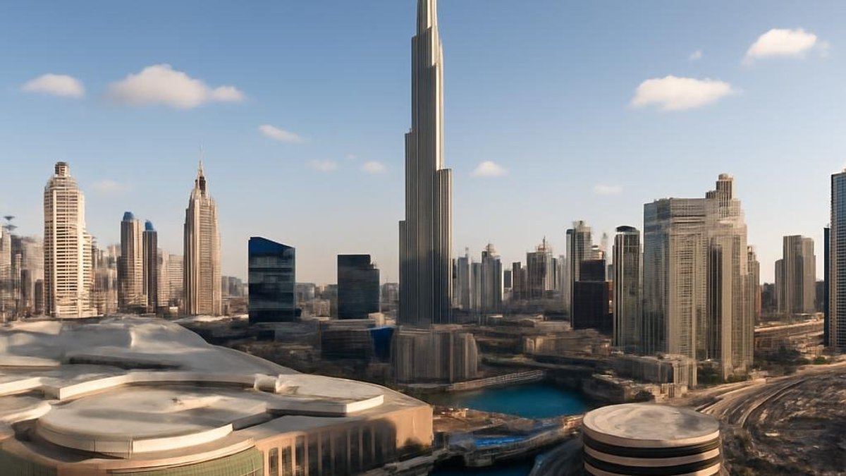 A panoramic view of the Dubai skyline featuring the Burj Khalifa and Dubai Mall,