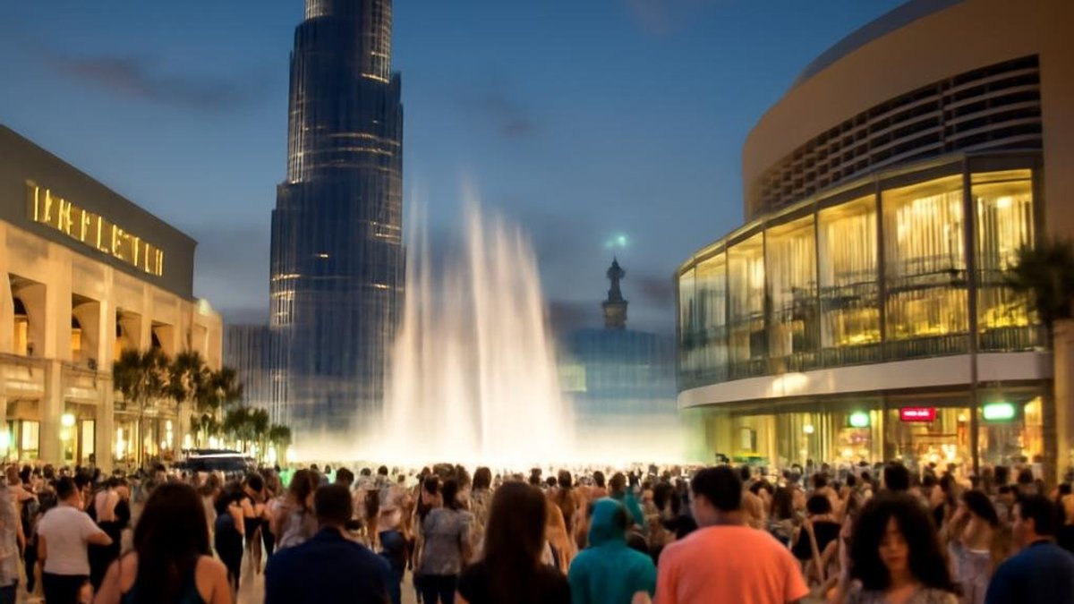 A vibrant street view of the Dubai Mall with shoppers and the iconic fountain sh