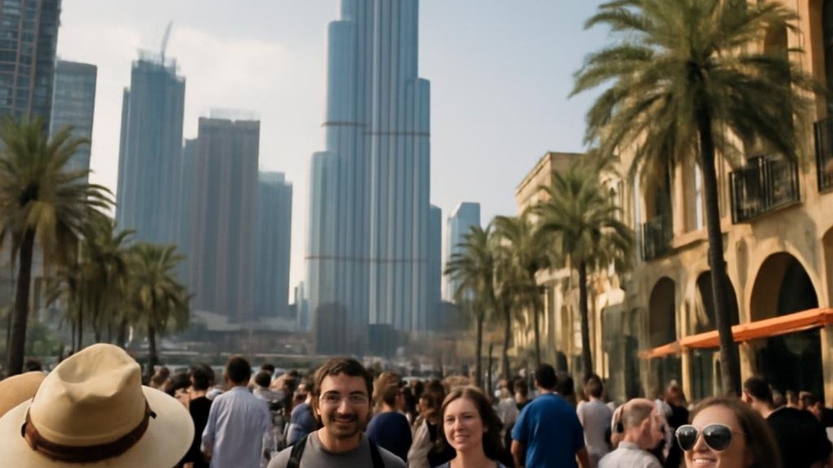 A bustling street in Downtown Dubai with tourists enjoying the atmosphere, reali
