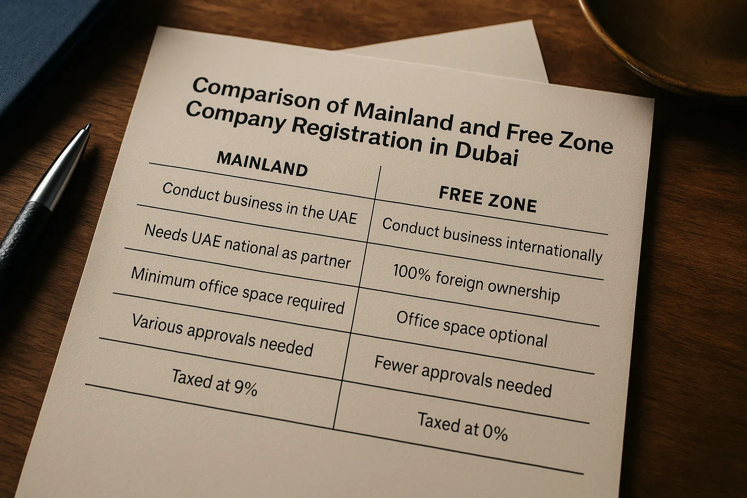 How to Register a Company in Dubai: A Practical 2026 Guide for Mainland and Free Zone Businesses Comparison chart of mainland and free zone company registration in Dubai