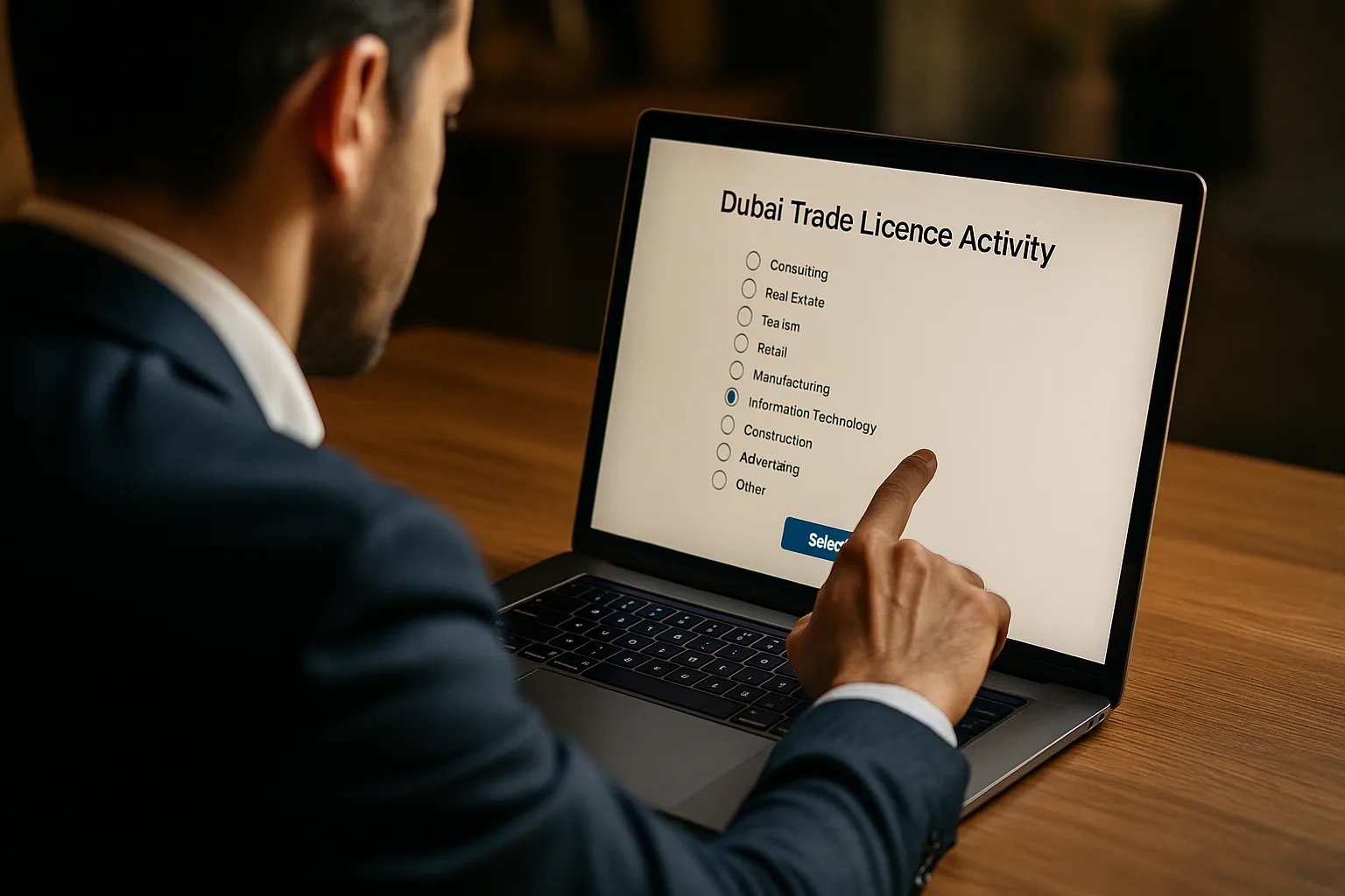 How to Register a Company in Dubai: A Practical 2026 Guide for Mainland and Free Zone Businesses Business owner selecting a Dubai trade licence activity on a digital registration portal
