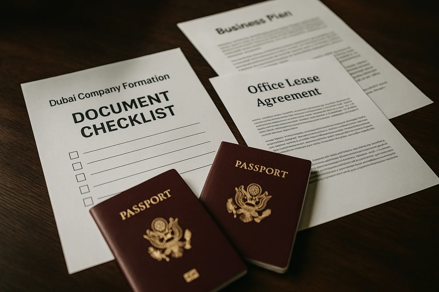 How to Register a Company in Dubai: A Practical 2026 Guide for Mainland and Free Zone Businesses Dubai company formation document checklist with passports, business plan, and office lease