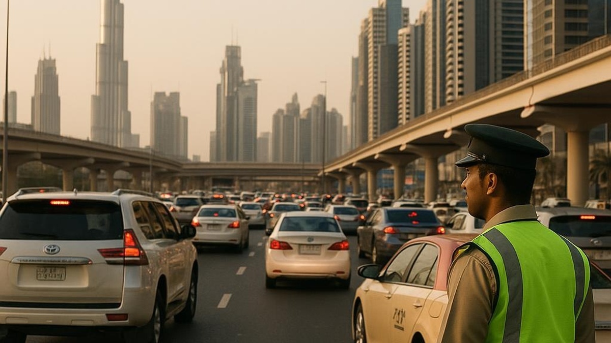 a busy street in Dubai showing traffic police monitoring vehicles, realistic pho