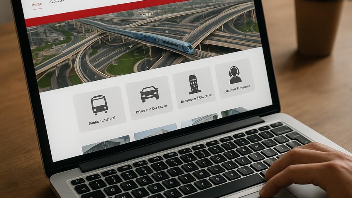 an individual using a laptop to access the RTA website, realistic photo style, n