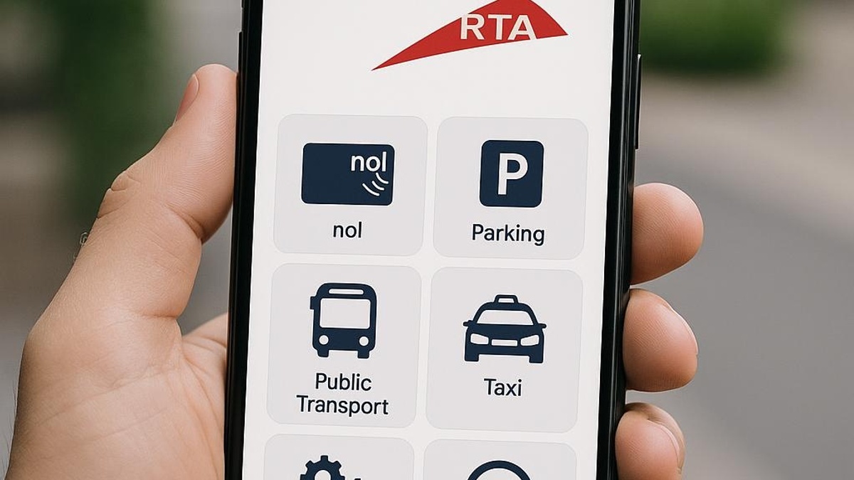 a smartphone displaying the RTA mobile app interface, realistic photo style, no 