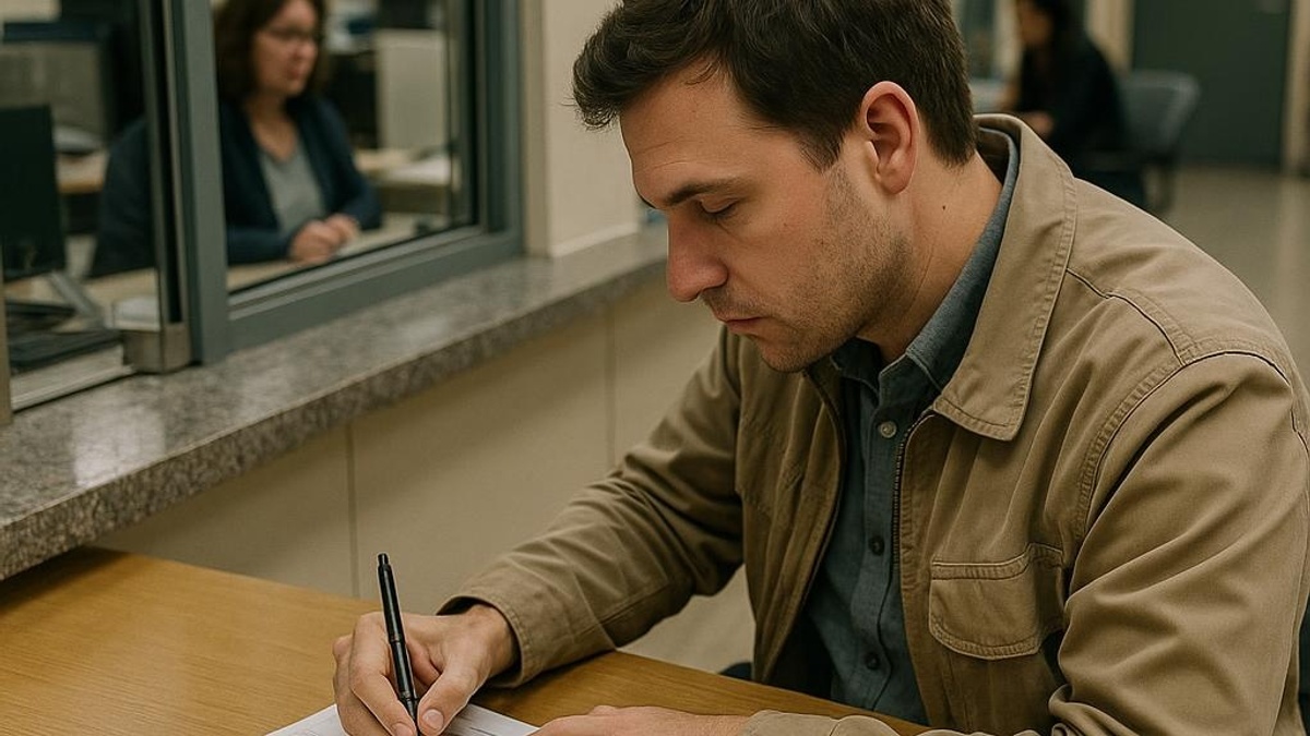 a person filling out a form at a government office, realistic photo style, no te