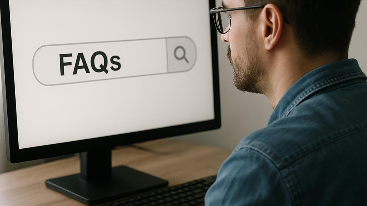 a person looking at a computer screen with a search bar labeled 'FAQs', realisti