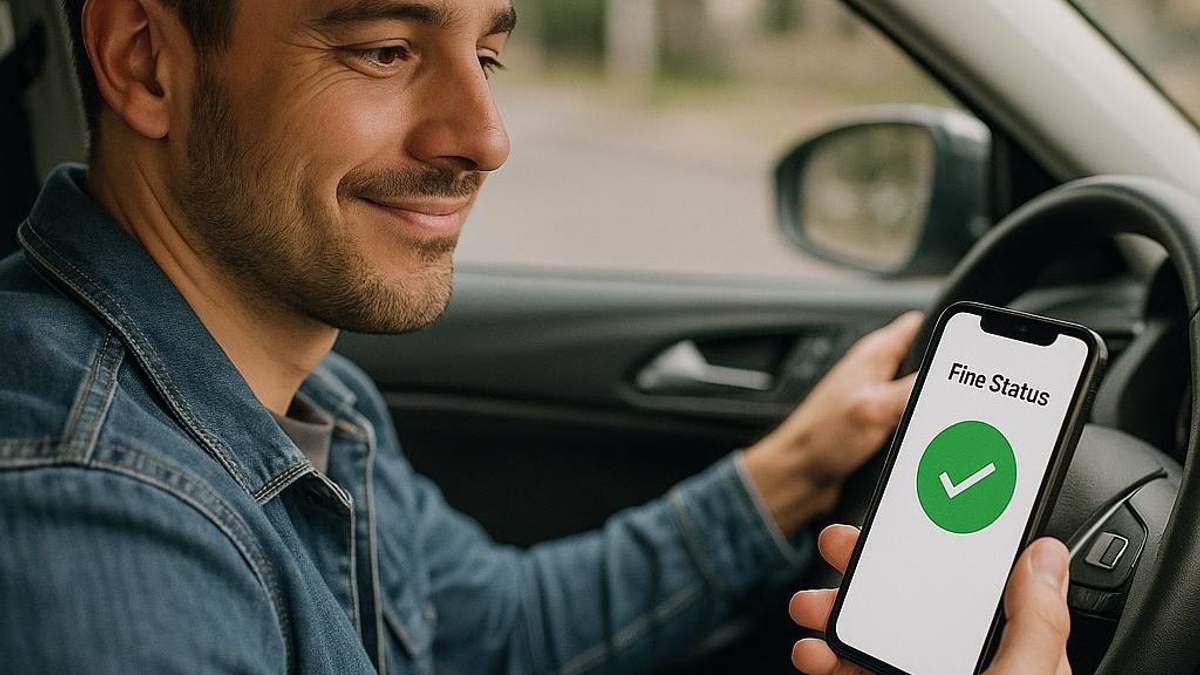 a satisfied driver checking their fine status on a mobile app, realistic photo s
